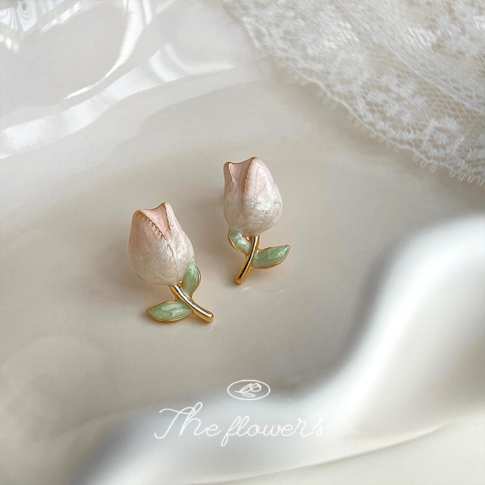 Pink Gradient Tulip Bud Stud Earrings Gold Stem Mint Leaves