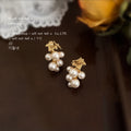 Gold Tone Pearl Grape Cluster Stud Earrings with Leaf Accent view 3