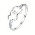 Silver Tone Double Open Heart Ring With Clear Stone Shoulders view 5