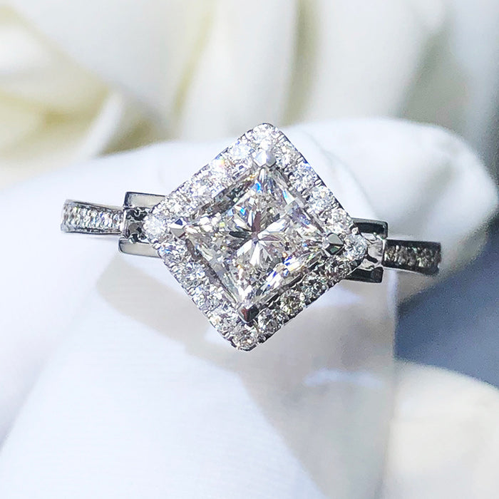 Silver Tone Diamond Halo Crystal Ring with Polished Finish