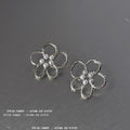 Silver Tone Open Five Petal Flower Pearl Center Stud Earrings view 1
