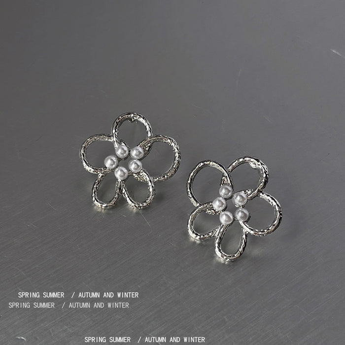 Silver Tone Open Five Petal Flower Pearl Center Stud Earrings