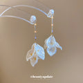White Petal Pearl Chain Drop Earrings with Reflective Details view 2