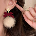 Snowflake Bow And Faux Fur Pom Pom Drop Earrings Matching Jewelry Pair view 4