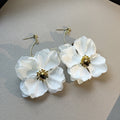 White Fabric Flower Gold Tone Dangle Stud Earrings view 6