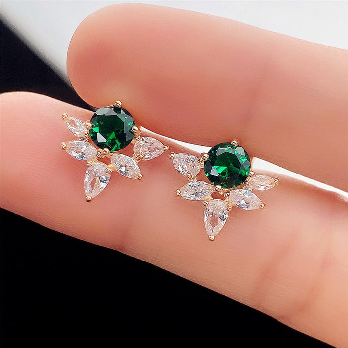 Green Round Crystal and Clear Marquise Cluster Stud Earrings