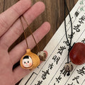 Wood Garlic Face Pendant Cord Necklace Carved Smile Charm view 2