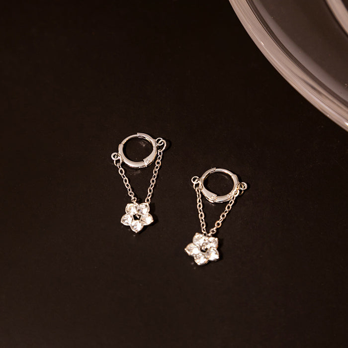 Gold Tone Double Chain and Clear Flower Hoop Earrings