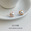 Pearl Bud Stud Earrings Cream Enamel Petals Gold Rim view 4