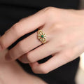 Gold Tone Openwork Flower Ring Green Center Stone Sizes 6-10 view 2