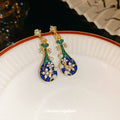 Blue Enamel Lute Drop Earrings with White Pearl Accents view 2