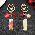 Red Fortune Tag Lucky Cat and Blossom Metal Keychain Set view 2
