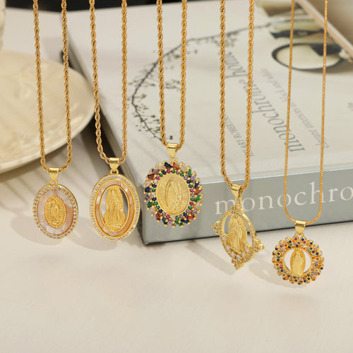 Five gold Madonna pendant necklace styles lined on white surface