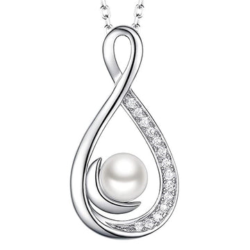 Silver Tone Infinity Pearl Drop Pendant Necklace with Polished Metal Finish