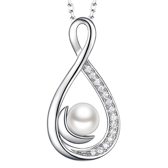 Silver Tone Infinity Pearl Drop Pendant Necklace with Polished Metal Finish