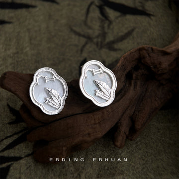 Silver Cloud Window Leaf Stud Earrings Pearl Inlay