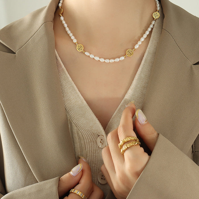 White Freshwater Pearl Necklace With Gold Fu Coin Discs