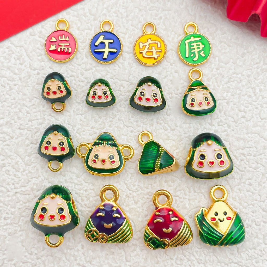 Enamel Zinc Alloy Smiling Zongzi Baby Double Sided Charm Pendant for Dragon Boat Festival DIY Jewelry