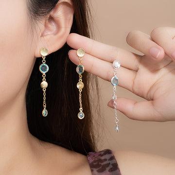 Gold and Silver Blue Stone Long Chain Dangle Stud Earrings