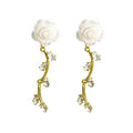 White Rose Stud Earrings Gold Vine Crystal Leaf Drops view 5