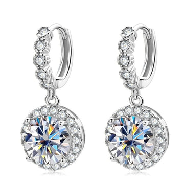 Silver Tone Round Crystal Huggie Drop Earrings Polished Metal Jewelry