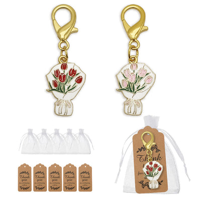 Red and pink tulip bouquet keychains with bags and kraft tags