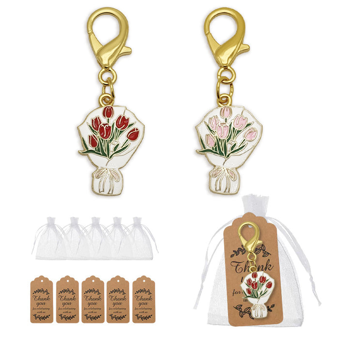 Enamel Tulip Bouquet Keychain Gold Clasp Red Or Pink
