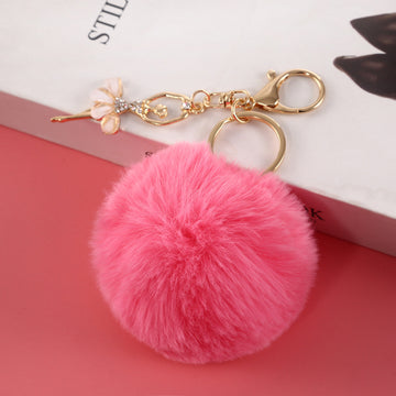 Fluffy Pom Pom Ball Keychain With Rhinestone Angel Charm