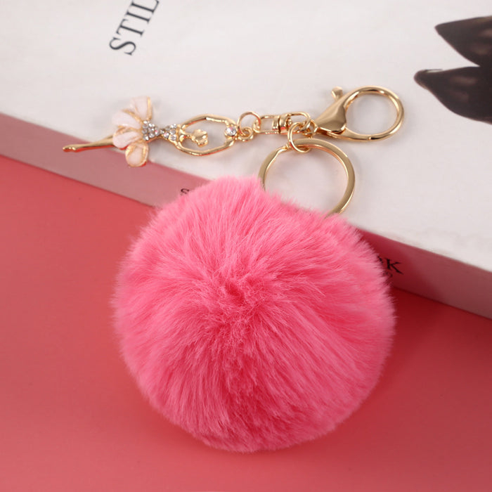 Fluffy Pom Pom Ball Keychain With Rhinestone Angel Charm