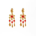 Gold Tone Red Flower Bead and Leaf Fringe Earrings view 5