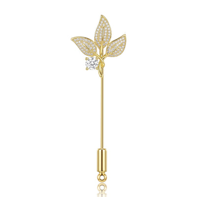 Front view of the crystal leaf stick pin with long metal stem decorative clothing pin on a white background