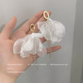 White Sheer Fabric Flower Drop Earrings Pearl Tassels view 1