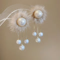 Fuzzy Pom Pom and Pearl Drop Earrings in Beige and White view 6