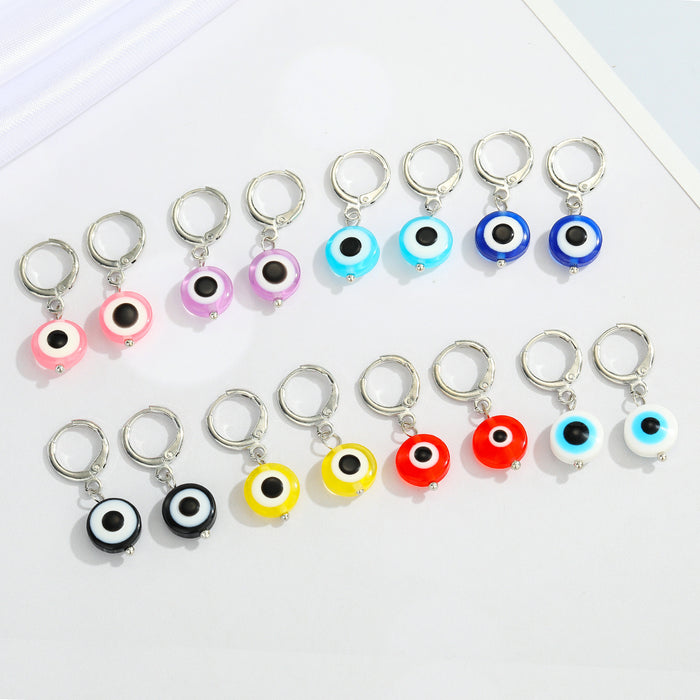 Silver Tone Round Evil Eye Huggie Drop Earrings in Eight Colors