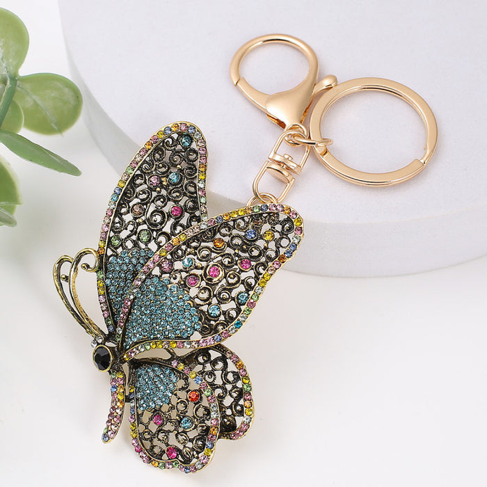 Rhinestone Butterfly Keychain Metal Filigree Wing Bag Charm