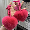 Fluffy Pom Pom Heart Bag Charm Keychain With Pink Chain Strap view 3