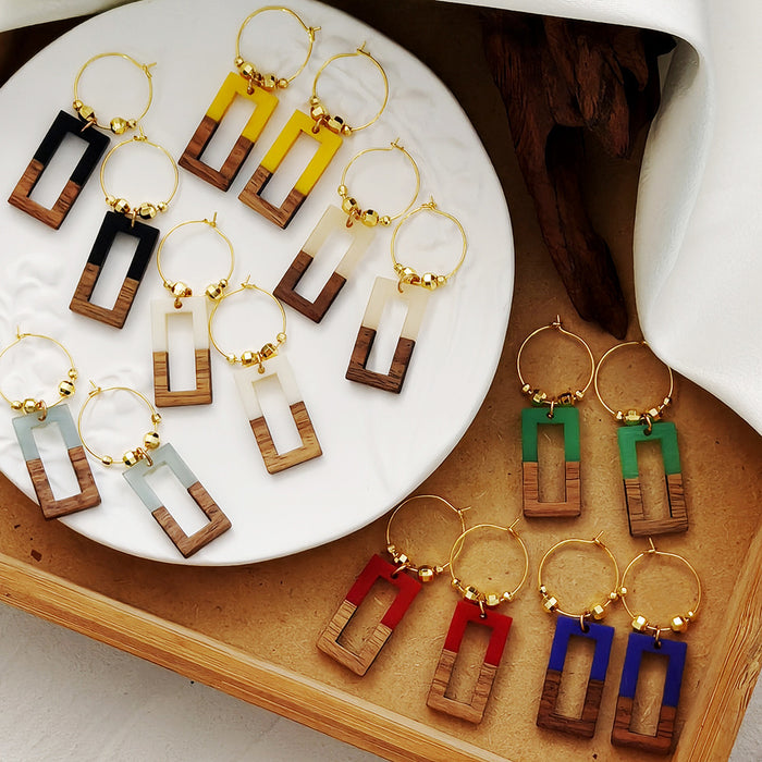 Rectangular Wood and Resin Hoop Drop Earrings in Eight Colors
