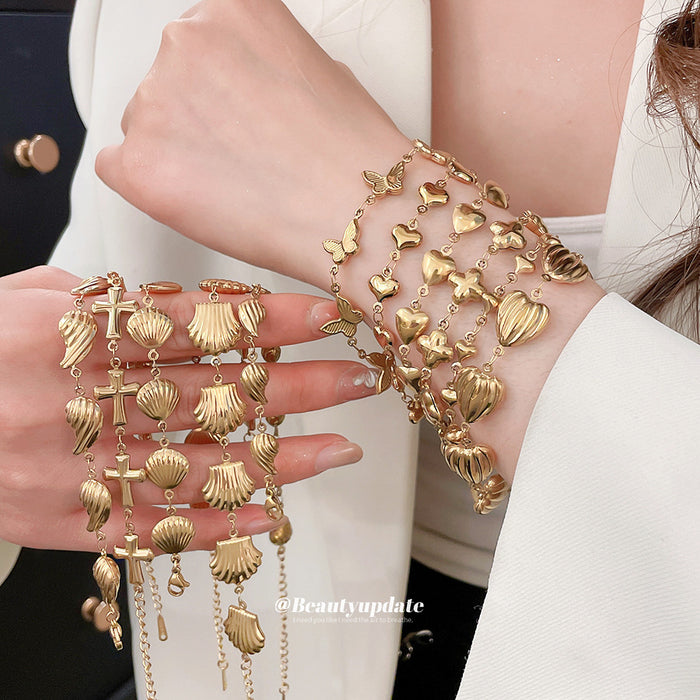 Gold Tone Charm Link Bracelets Hearts Shells Butterflies