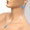 Silver Blue Teardrop Dangle Hoop Earrings Clear Accents view 4