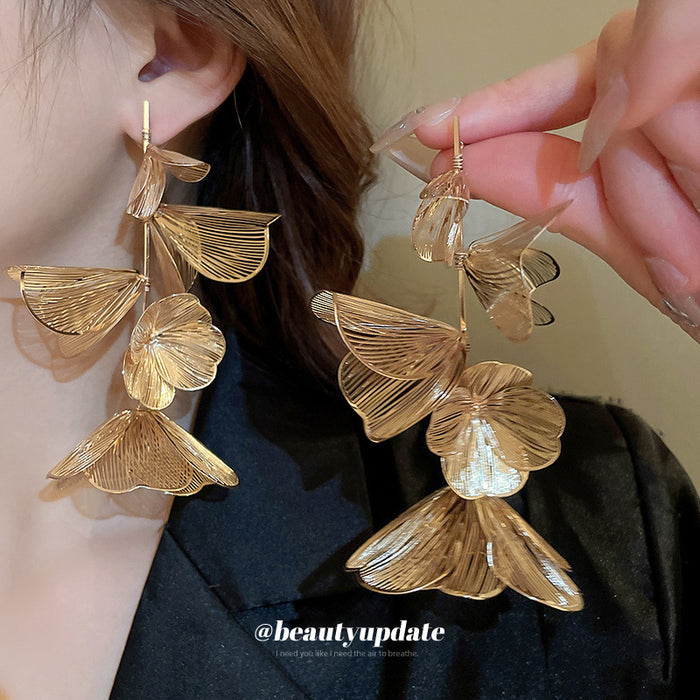 Layered Metal Petal Cluster Drop Earrings Fashion Jewelry