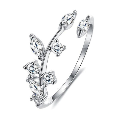 Front product view of silver tone floral leaf open ring with clear stone accents