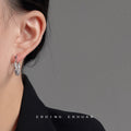 Silver Tone Clear Stone Leaf Pattern Round Hoop Earrings view 2