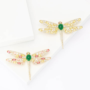 Gold Tone Dragonfly Brooch With Pink or Pale Yellow Wings