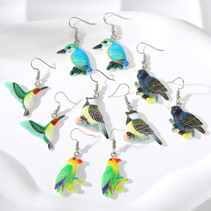 Silver Tone Colorful Resin Bird Novelty Hook Earrings