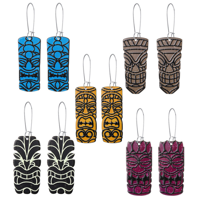 Silver Tone Printed Acrylic Long Face Mask Kidney Wire Earrings in Five Colors