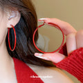 Deep Red Slim Statement Hoop Earrings in Two Sizes view 4