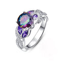 Iridescent Round Stone Purple Leaf Ring In Silver Tone view 1