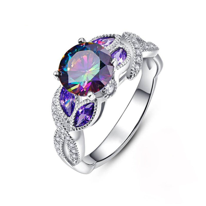 Iridescent Round Stone Purple Leaf Ring In Silver Tone