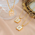 Gold Rectangular Shell Pendant Necklace Clear Center Stone Chain view 2