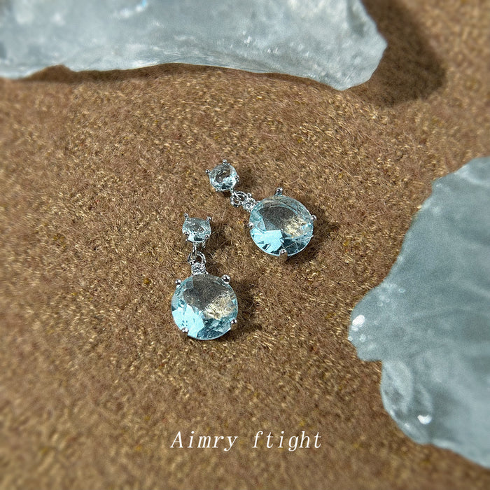 Silver Aqua Blue Round CZ Drop Earrings Small Top Stone